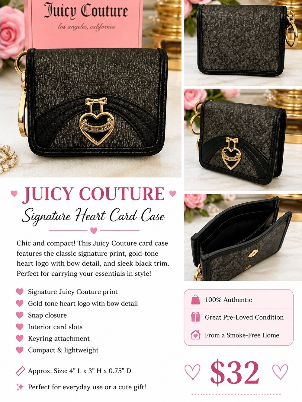 Juicy Couture Black Signature Heart Card Case with Gold Heart Charm